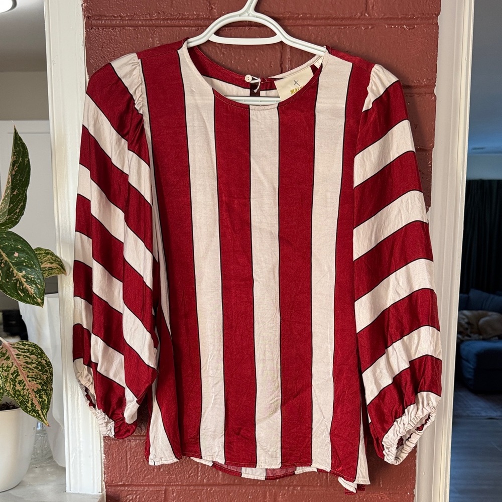 Anthropologie Red and White Vertical Stripe Balloon Sleeve Blouse